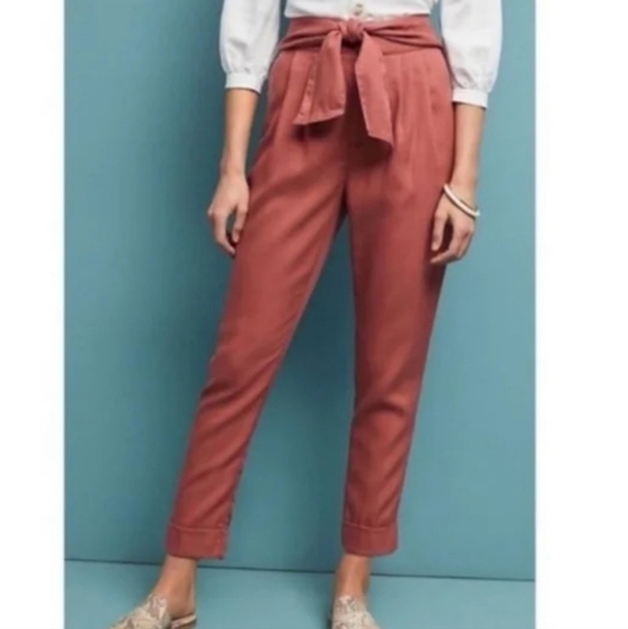 Cartonnier Anthropologie pink rose high waist tie front tapered flowy pants 10 - Picture 12 of 15